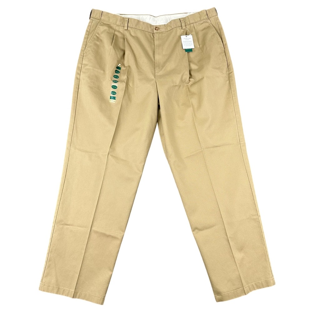 NWT LL Bean Chino Pants Mens 46x34 Khaki Wrinkle-Free Pleated Comfort Waist‎